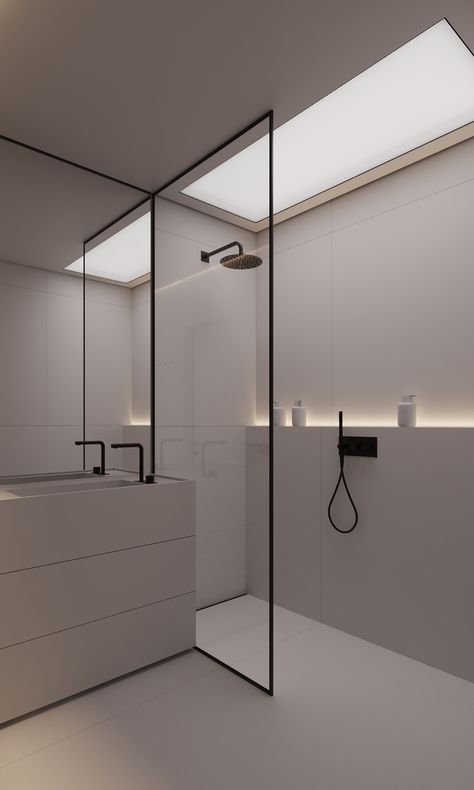 Modern Design Bathroom Ideas, Bathroom Lighting Design Ideas, Black Bathroom Apartment, Bathroom Ideas Minimalist, Bathroom Interior White, Light Bathroom Ideas, Modern Bathroom White, Minimalist Modern Bathroom, Bathroom Ideas Modern Luxury