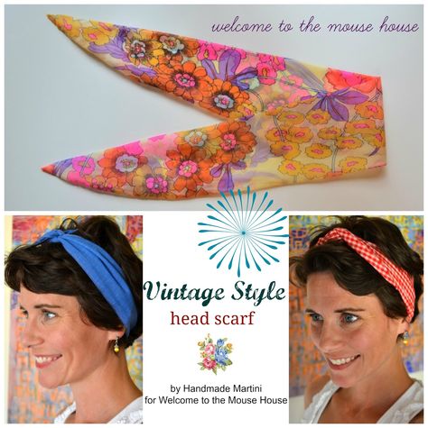 I am so excited to have Michelle from Handmade Martini today.  She has prepared a pattern and tutorial for 2 different types of head scarves, both vintage inspired.  How fun!!  I can’t wait to make several for myself!  Thanks Michelle! ************************************************   Hello, Mouse House readers! My name is Michelle, and I share projects over … Scarf Template, Diy Head Scarf, Head Scarf Tutorial, Vintage Head Scarf, Scarf Sewing Pattern, Baby Turban Headband, Hair Accessories Tutorial, Headband Tutorial, Scarf Tutorial