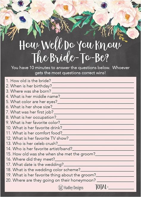 Amazon.com: 25 Floral How Well Do You Know The Bride Bridal Wedding Shower or Bachelorette Party Game, Flowers Who Knows The Best, Does The Groom? Couples Guessing Question Set of Cards Pack, Printed Engagement : Home & Kitchen How Well Do You Know The Bride, Bachelorette Party Game, Bachelorette Party Games, Bridal Shower Party, Party Game, The Groom, Bride Bridal, Who Knows, Shower Party