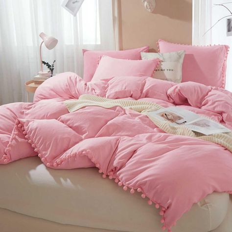 Pink Orange Bedding, Pink Fall Bedroom, Preppy Beds, Sage And Pink Bedroom, Pink Preppy Bedroom, Orange And Pink Bedroom, Hot Pink Comforter, Pink And Orange Bedroom, Aesthetic Comforter