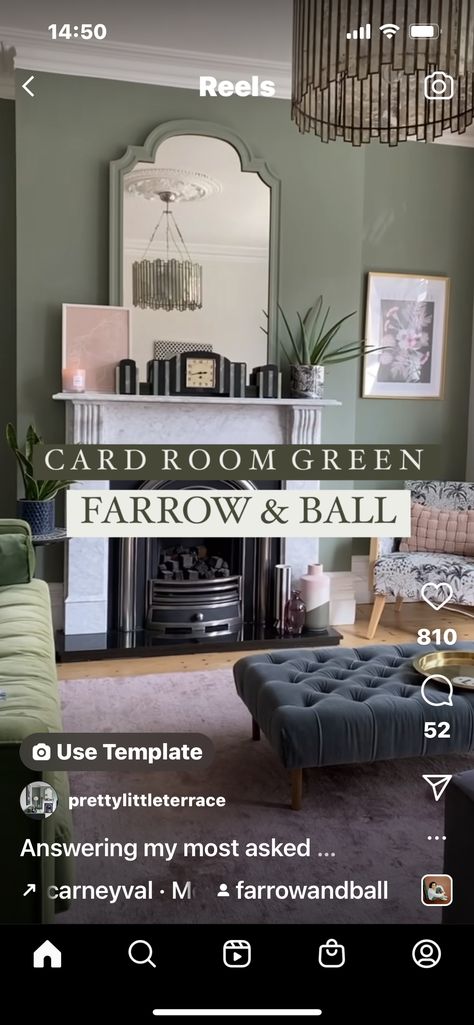 Spare Bedroom Study Ideas, Cardroom Green Farrow Ball, Card Room Green Farrow And Ball, Hallway Decorating Colours, Georgian Living Room, Victorian Sitting Room, Card Room Green, Farrow And Ball Living Room, Card Room