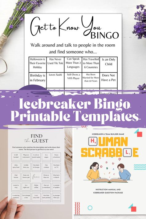 Get to know a group easily with this fun icebreaker bingo download. Free download for large group bingo games. Bingo Questions, People Bingo For Adults, Get To Know You Bingo Ice Breakers, Get To Know You Bingo Teens, Bingo Ice Breaker Getting To Know, Bingo Cards Printable Templates Party Games, Ice Breaker Bingo, Icebreaker Bingo, Question Prompts