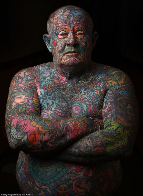 The 60-year-old's body is covered in ink to remind himself of a tumultuous life that began with fleeing a violent home at age seven Guy Covered In Tattoos, Man Covered In Tattoos, Body Covered In Tattoos, Covered In Tattoos, Year Tattoo, Eyeball Tattoo, Body Makeover, Full Body Tattoo, Incredible Tattoos