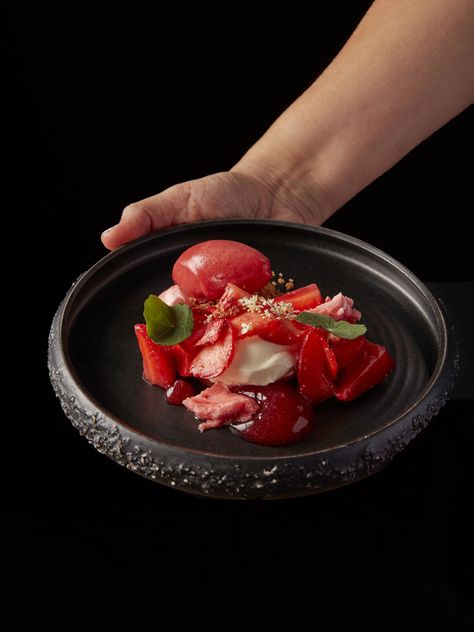 Strawberries with cultured cream, elderflower and brown butter sable by Laura Petersen Strawberry Plated Desserts, Sable Recipe, Chef Desserts, Staff Canteen, Fruity Dessert, Chef Jobs, Fine Dining Desserts, Dessert Aux Fruits, Cream Butter