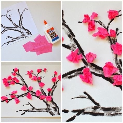 New Year Crafts For Kids, Chinese New Year Crafts For Kids, Tissue Paper Crafts, Blossom Cherry, New Year Crafts, Tissue Flowers, Chinese New Year Crafts, Easter Tree Decorations, Cherry Blossom Art