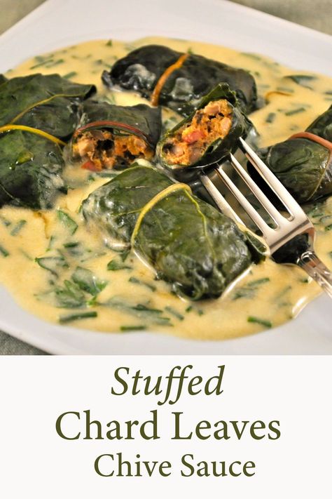 Rainbow Chard Leaves, stuffed with Sausage, served on creamy Yogurt Chive Sauce - think #Dolmades but with chard from the garden. #ChardLeaves #Chard #StuffedVegetables #CookingForTwo Chive Sauce, Rainbow Chard Recipes, Chard Recipes, Creamy Yogurt, Sage Sausage, Rainbow Chard, Dark Leafy Greens, Beet Greens, Gluten Free Recipes Easy