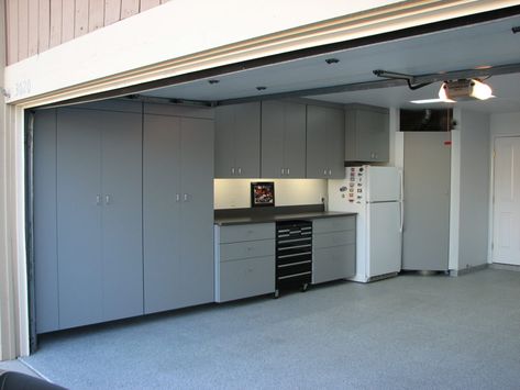 Garage Storage And Bar, Garage With Fridge, Garage White Cabinets, Built In Garage Cabinets, Diy Garage Renovation, Garage Sink And Counter, Garage Fridge Organization, Garage Built In Storage, Pantry In Garage