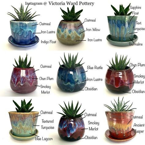 From Victoria Ward Pottery: These are some more of my favourite Amaco glaze combinations. White Earthstone stoneware clay ES5. The base glazes are all x 3 all over, the mid glaze is x 2 on top of this covering the top two thirds of the vessel. I usually choose a runny glaze for the top and apply it just around the rim to encourage the dripping effect. Bottom right is only two glazes but Ancient Jasper is extremely runny! I fire to 1200c in an electric kiln with a 20 min hold (cone5/6) Amaco Glaze Combinations, Dripping Effect, Ceramics Pottery Bowls, Pottery Lessons, Glaze Combinations, Glaze Combos, Amaco Glazes, Beginner Pottery, Ceramic Glaze Recipes