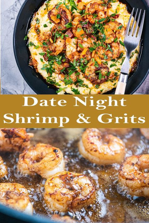 We're pulling out all the stops for these Date Night Shrimp and Grits. Crisyp panchetta, cajun butter, cheese grits and blackened shrimp. Blackened Shrimp And Grits, Shrimp And Cheese Grits, Shrimp N Grits Recipe, Cajun Butter, Blackened Shrimp, Blackened Seasoning, Grits Recipe, Cheese Grits, Shrimp Grits