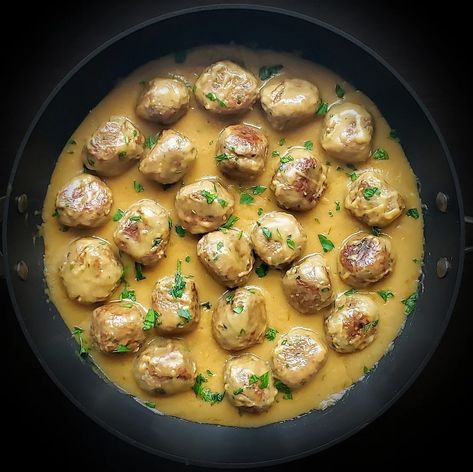 VEGAN SWEDISH MEATBALLS in Cream Sauce Meatballs In Cream Sauce, Swedish Meatball Gravy, Vegan Swedish Meatballs, Swedish Meatball Sauce, Lingonberry Jam, Meatballs And Gravy, Over Mashed Potatoes, All Spice, Meatball Sauce