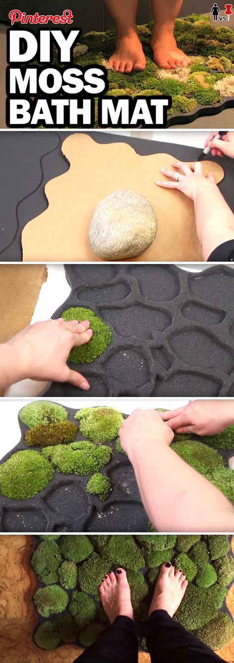 This DIY Moss Bath Mat Brings Self-Thriving Lush Greens Inside Your Home! Moss Shower Mats, Diy Bath Mats, Moss Bath Mat, Diy Moss, Houses Interior, Cute Diy Projects, Moss Garden, Bathroom Plants, Diy Spa