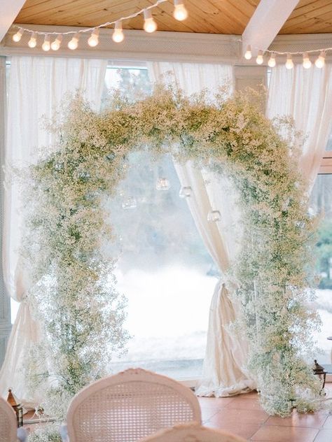 03 baby's breath wedding arch with hanging candle holders will make your ceremony heavenly and elegant - Weddingomania Winter Wedding Ceremony Decorations, Winter Wedding Arch, Blue Winter Wedding, Wedding Ceremony Arch, Floral Wedding Decorations, Wedding Arch Flowers, Arch Flowers, Babies Breath, Hanging Candles