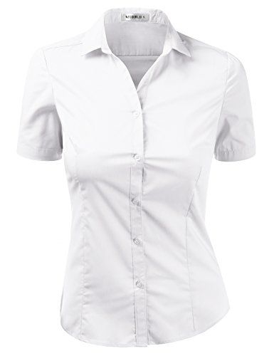 MakeMeChic Womens Slim Fit Short Sleeve Cotton Spandex Button Down Shirt with Plus Size Chic Black Outfits, White Button Shirt, White Collared Blouse, Tight Fitted Dresses, Bell Sleeve Shift Dress, White Collared Shirt, Womens Tops Dressy, Short Sleeve Dress Shirt, White Button Down Shirt