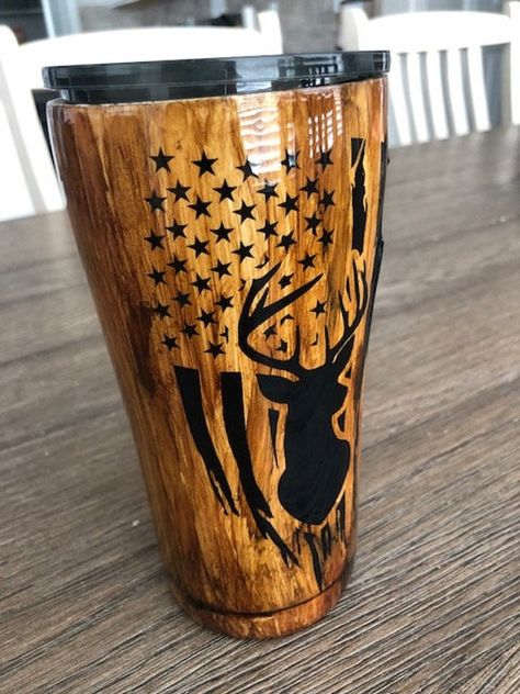 Wood Grain Tumbler with American Flag and Deer, Mens Tumbler, Tumbler for Men, Hunting Tumbler, Pers Personalized Tumblers For Men, Tumblers For Men, Wood Grain Tumbler, Deer Decal, Yeti Cup Designs, Flag Tumbler, Vinyl Tumblers, Glitter Tumbler Cups, Yeti Cup