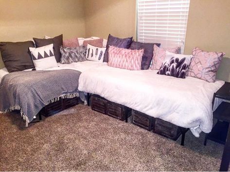 DIY Twin bed couch for teens or guest bedroom. Storage under neath! Twin Beds Into Sectional, Twin Bed No Headboard Ideas, Twin Bed Full Bed Layout, Twin And Full Bed In One Room, Couches Made From Twin Beds, How To Turn A Twin Bed Into A Couch, Turn A Twin Bed Into A Day Bed Couch, Twin Bed Made From Storage Cubes, Bed No Headboard Ideas