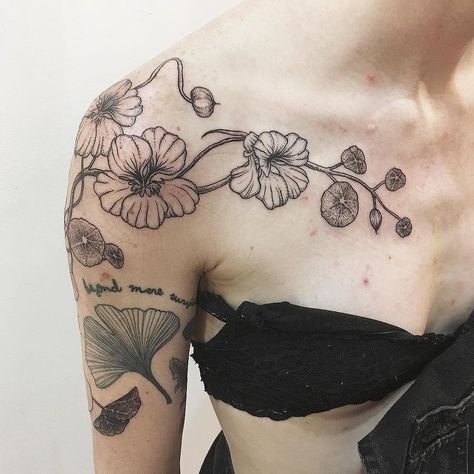 Nasturtium Tattoo, Sick Tattoo, Jesus Love, Botanical Tattoo, Sternum Tattoo, Modern Tattoos, Badass Tattoos, Simplistic Tattoos, Piercing Tattoo