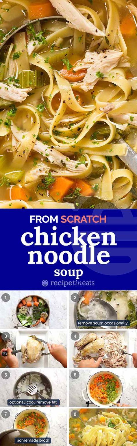 Made from scratch with a clean, golden savoury broth! Best Soup For A Cold, Chicken Noodle Soup From Scratch, Homemade Chicken Soup, Soups Stews Chilis, Homemade Chicken Noodle, Recipetin Eats, Chicken Noodle Soup Homemade, Soup And Stew, Soup And Sandwich