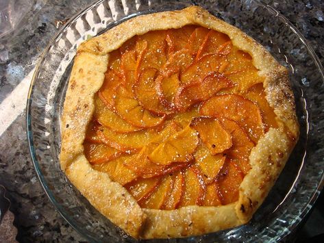 Persimmon Galette Recipe by Pey-Lih Persimmon Galette, Pawpaw Recipes, Fuyu Persimmon, Persimmon Bread, Apricot Preserves, Persimmon Recipes, Indian Vegetarian Recipes, Kitchen Indian, Pear Crumble