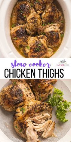 These Slow Cooker Chicken Thighs are perfectly seasoned with garlic and herbs, cooked until they easily pull from the bone! The juiciest, most flavor crockpot chicken thighs! #slowcooker #crockpot #chickenrecipe #chickendinner #chickenthighs Dinner Videos, Crockpot Chicken Thighs, Slow Cooker Chicken Thighs, Chicken Thigh Recipes Oven, Chicken Thigh Recipes Crockpot, Boneless Chicken Thigh Recipes, Crockpot Dishes, Chicken Slow Cooker Recipes, Recipes Crockpot