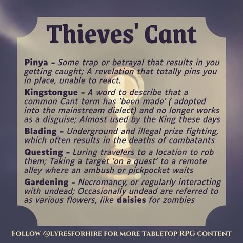 Dnd Thieves Cant, Thieves Cant, Rouge Dnd, Dnd Languages, Dnd Dm, Fictional Languages, Dungeon Master's Guide, Dnd Races, Campaign Ideas