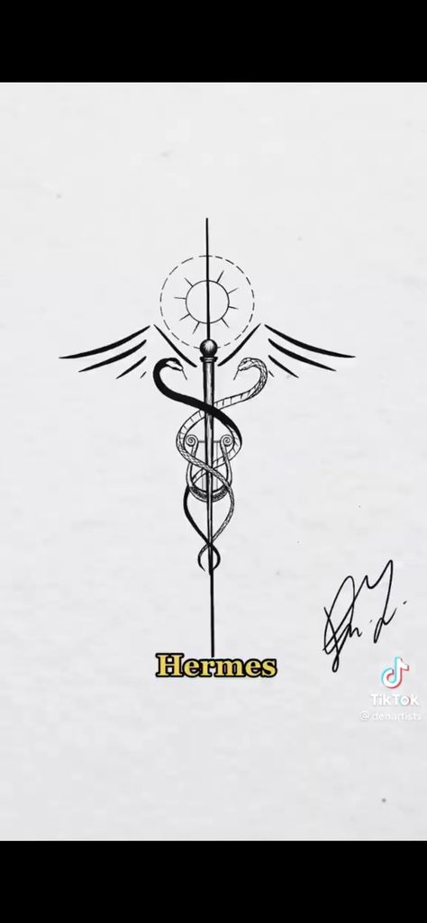 Olympian Gods Tattoo, Greek Mythology Tattoos Hermes, Hermes Symbol Tattoo, Apollo Minimalist Tattoo, Tattoos Based On Greek Mythology, Hermes Greek God Tattoo, Greek Mythology Tattoos Fine Line, Olympian Tattoo, Greek Mythology Spine Tattoo