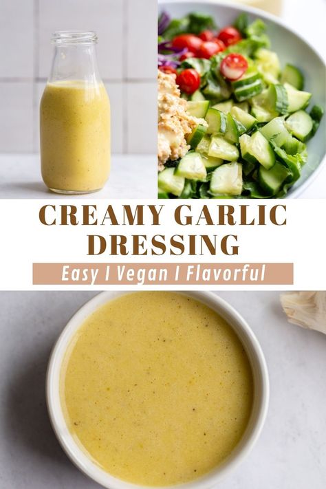 Creamy Garlic Dressing is a flavorful blend of roasted garlic, olive oil, red wine vinegar, dijon mustard and maple syrup (or honey). This easy vegan salad dressing recipe is delicious drizzled over your favorite salads or grain bowls, or used as a dip for veggies! Garlic Olive Oil Dressing, Roasted Vegetable Salad Dressing, Honey Garlic Salad Dressing, Roasted Veggie Dressing, Garlic Dressing Recipe Oil, Garlic Dressing, Salad Dressing Recipes Garlic, Roasted Garlic Dressing Recipes, Dijon Dressing