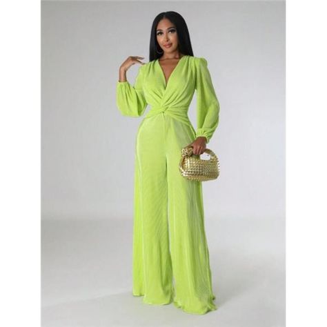 -Item Id 21913356.Html?Mallcode=1&Zeedropid=1634604 -Color: Green -Style: Casual -Pattern Type: Plain -Type: Wide Leg -Neckline: Deep V Neck -Details: Tie Back, Twist -Sleeve Length: Long Sleeve -Length: Long -Fit Type: Loose -Sleeve Type: Bishop Sleeve -Waist Line: High Waist -Fabric: Medium Stretch -Material: Fabric -Composition: 95% Polyester, 5% Elastane -Care Instructions: Hand Wash,Do Not Dry Clean -Pockets: No -Body: Unlined -Belt: No -Sheer: No **Open To Offers!!!** **Bundle To Save More Classy Jumpsuit Outfits, Classy Jumpsuit, Jumpsuit Outfits, Stretch Jumpsuit, Pleated Jumpsuit, Rompers Womens Jumpsuit, Jumpsuit Casual, Jumpsuit Summer, Pleated Fabric