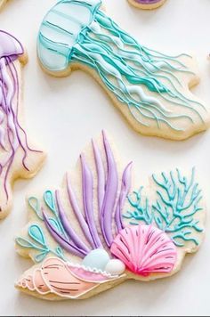 Royal Icing Cookies Designs Summer, Mermaid Baby Shower Cookies, Beach Cookies Decorated, Mermaid Sugar Cookies, Ocean Cookies, Under The Sea Cookies, Sea Cookies, Mermaid Cookies, Beach Cookies