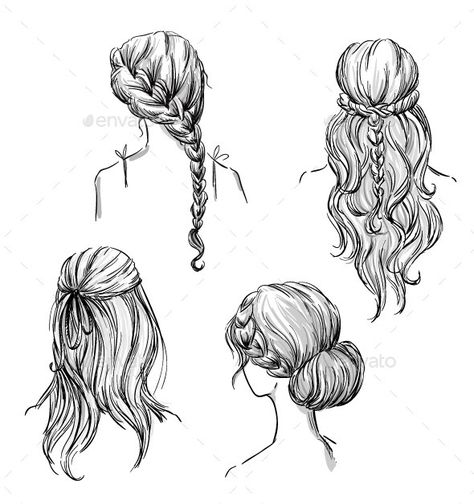 Set of Different Hairstyles Girl Hair Drawing, Hair Vector, Drawing Help, Draw Hair, Hair Illustration, Hair Sketch, Female Hair, Braid Hairstyles, Anime Hair