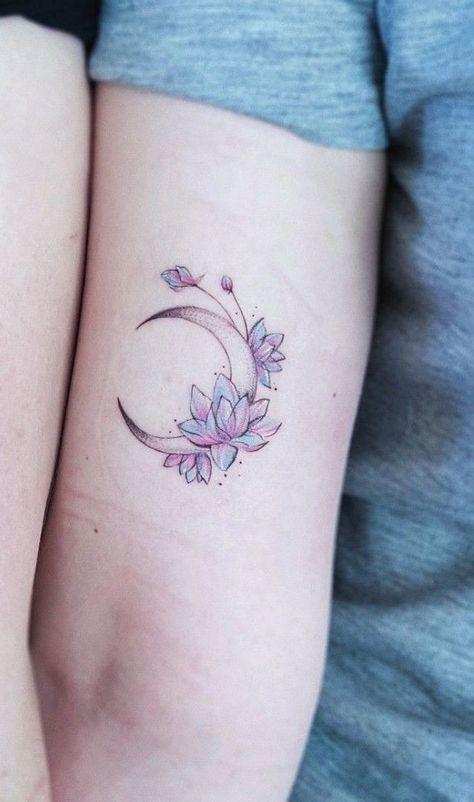 Pretty Thigh Tattoos Simple, Lily Moon Tattoo, Realistic Lotus Tattoo, Moon And Lotus Tattoo, Behind Ear Tattoos, Simple Arm Tattoos, Wrist Tattoo Ideas, P Tattoo, Ear Tattoo Ideas