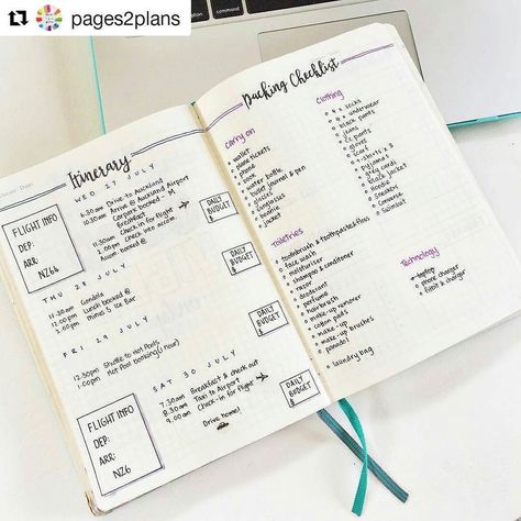 Ooh this is a pretty good way to plan for a trip! You've got your itinerary your packing list the days planned out and even a little section for daily budgets! Loving the double lines and simplicity with a touch of color in this travel collection  Credit to Natalie  @pages2plans for this awesome collection! #bulletjournal Bullet Journal Voyage, Bullet Journal Budget, Bujo Planner, Bujo Inspiration, Bullet Journal Spread, Bullet Journal Layout, Bullet Journal Inspo, Journal Layout, Diy Planner