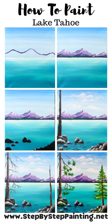 Lake Scene Painting Acrylic Easy, Nature Step By Step Painting, Lake Painting Acrylic Easy, Easy Landscape Painting Tutorial, Easy Acrylic Painting Ideas Step By Step, How To Paint A Lake With Acrylic, Lake Tahoe Painting, How To Paint Water With Acrylic Step By Step, Acrylic Step By Step Painting