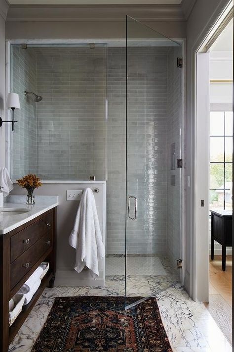 Walk In Shower with Shower with Gray Linear Stacked Tiles - Transitional - Bathroom Walk In Shower Flush With Floor, Shower With Seat Walk In, Walk In Shower No Door With Bench, Grand Lake Oklahoma, Clear Shower Door, Towel Shelf, Shower Bench, Transitional Bathroom, Grand Lake