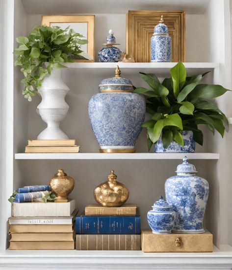 20 Shelf Styling Tips To Glam Up Your Shelves Built In Shelf Decor, Blue Bedroom Ideas, Blue Shelves, Blue And White Living Room, Shelf Decor Living Room, Styling Shelves, Decorating Bookshelves, Bookcase Styling, Bookcase Decor