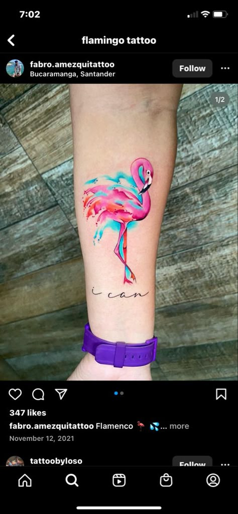 Flamingo Tattoo Watercolor, Pink Flamingo Tattoo Ideas, Floral Flamingo Tattoo, Get Your Pink Back Flamingo Tattoo, Flamingo Family Tattoo, Mother Daughter Flamingo Tattoos, Neon Flamingo Tattoo, Flamingo Flower Tattoo, Small Flamingo Tattoos For Women