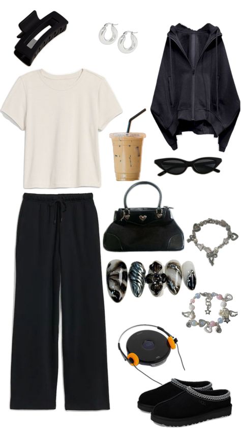 Women’s lazy day outfit, back to school, comfortable outfit, black and white aesthetic, coffee date, cafe date, library fit, study fit, old navy sweats and shirt, cool girl lazy outfit White Aesthetic Coffee, Comfortable Outfits Lazy Days, Cute Everyday Outfits For School, Aesthetic Coffee Date, Date Cafe, Lazy Outfit, Outfit Black And White, Cafe Date, Outfits Lazy