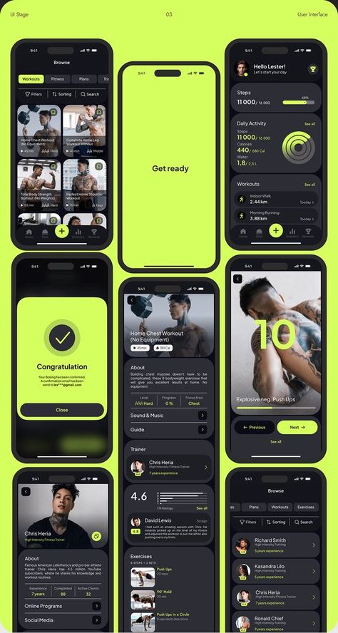 32424 Fitness app UI/UX interface with workout plans, progress tracking, daily activity, and detailed trainer information on neon theme. | Sky Rye Design Fitness App Interface, Fitness App Ui Design, Fitness Apps Design, Application Ui Design, App Design Trends, Desain Ux, Gym App, Ux Design Trends, Ux Design Mobile