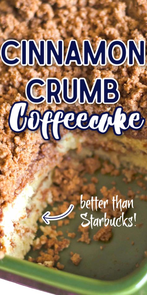 This cinnamon coffee cake recipe is moist, buttery, and full of cinnamon flavor. This is the best recipe for cinnamon crumb cake out there! #breakfast #coffeecake #cinnamon #baking #crumbcake via @gogogogourmet Cinnamon Coffee Crumb Cake, Breakfast Crumb Cake, Best Cinnamon Coffee Cake, Homemade Cinnamon Coffee Cake, Cinnamon Crunch Coffee Cake, Best Coffee Cake Ever, Breakfast Cinnamon Cake, Copycat Starbucks Cinnamon Coffee Cake, Cinnamon Coffee Cake With Streusel Crumb Topping