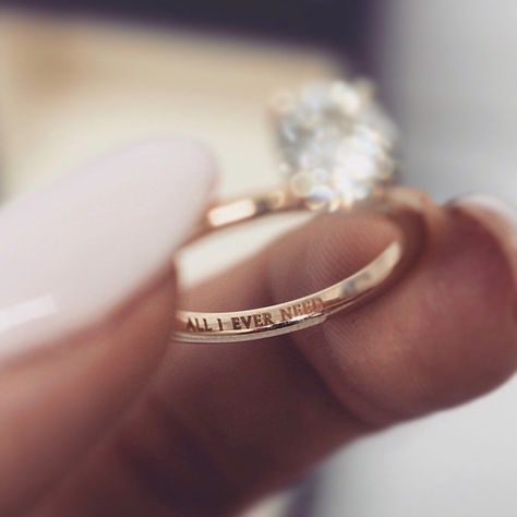 Create a unique engagement ring by engraving it with a special message like, "all I ever need." You can customize your wedding ring this way, too! Here are other engraving ideas and tips. // Photo: Bling Book by Loverly and Ring: National Jewel Creations Ring Engraving, Ring Selfie, Engraving Ideas, Wedding Band Engraving, Engraved Wedding Rings, Engraved Engagement Ring, Ring Sling, Princess Ring, Engraved Wedding