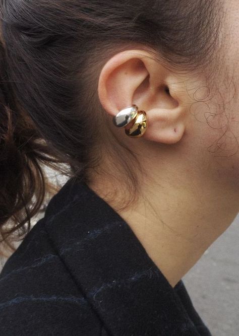 Chunky Ear Piercings, Jewellery Must Haves, Chunky Piercings, Bold Silver Jewelry, Silver And Gold Jewelry Mixing Earrings, Mixed Gold And Silver Jewelry, Earcuffs Earrings Fashion, Gold And Silver Earrings Mixing, Silver Chunky Earrings