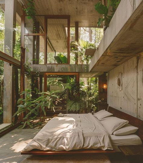 Eco Brutalist Interior, Ecobrutalism Interior, Small Loft Interior Design, Solarpunk Bedroom, Nature House Aesthetic, Homes In Nature, Jungle Interior Design, Brutalist Bedroom, Modern Tropical Interior Design