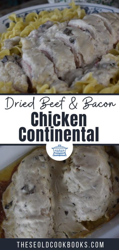 Crock Pot Continental Chicken Recipe with Bacon - These Old Cookbooks Continental Chicken Recipes, Chicken Continental Recipe, Cornbread Stuffing Casserole, Chicken With Cream Of Mushroom, Chicken Continental, Continental Chicken, Chicken Wings Crockpot, Chicken Breast With Bacon, Chicken With Bacon