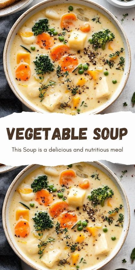 This hearty and comforting One-Pot Creamy Vegetable Soup is a delicious and nutritious meal perfect for cozy nights in! 🥕🥦🍲 Packed with vibrant veggies, a rich, creamy broth, and full of flavor, this soup is a quick and easy option for lunch or dinner.  Plus, it’s all made in one pot for easy cleanup! 🙌  ✨ Make this creamy vegetable soup today and enjoy a warm, nourishing bowl! ✨  #CreamyVegetableSoup | #HealthyRecipes Vegetarian Comfort Soup, Vegetable Soup With Leeks, Quick And Easy Veggie Soup, Cozy Vegetarian Soups, Creamy Veggie Soup Recipes, Best Vegetarian Soups, Soup With Frozen Vegetables, Healthy Easy Soup Recipes, Vegetable Soup With Potatoes