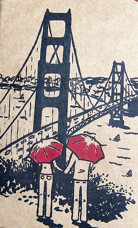 #SanFrancisco art illustration of couple with umbrellas overlooking the Golden Gate Bridge and San Francisco Bay San Francisco Bridge, Sf Art, Dorm Art, San Francisco Art, Dorm Posters, The Golden Gate Bridge, Art Tutorial, Room Posters, Art Watercolor