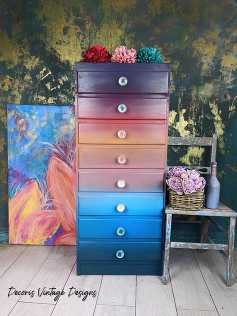 Tall Chest Of Drawers Bedroom, Ombre Bedroom, Tall Boy Drawers, Mermaid Tall Vintage Dresser, Retro Dresser, Bedroom Bohemian, Chest Of Drawers Bedroom, Turquoise Chest Of Drawers, Pink Dresser