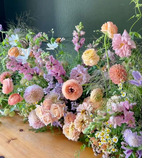 Pretty loose florals - pastel colors Pastel Colors Bouquet, Pastel Color Theme Party, Colourful Pastel Wedding Flowers, Pastel Rainbow Flowers, Pastel Prom Decorations, Enchanted Garden Wedding Flowers, Pastel Rainbow Flower Arrangements, Pastel Outdoor Wedding, Pastel Wedding Flowers Table