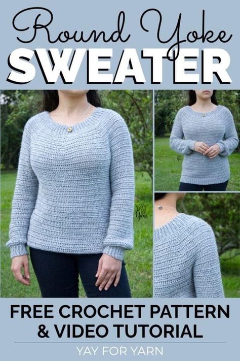 Round Yoke Sweater – FREE Crochet Pullover Pattern by Yay For Yarn Raglan Sleeve Crochet Sweater Pattern Free, Crochet Round Yoke Pattern Free, Round Yoke Crochet Sweater, Crochet Yoke Sweater Pattern Free, Knitted Sweater Patterns Free Women, Crochet Raglan Sweater Pattern Free, Crochet Pullover Pattern Free, Crochet Top Down Sweater, Grandma Hobbies