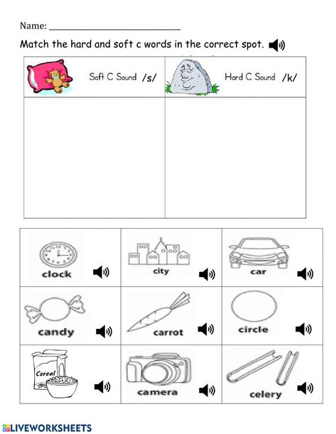 Hard and Soft -C- sounds worksheet C Activities, Sounds Worksheet, Letter C Activities, Writing Sentences Worksheets, Compound Words Worksheets, Handwriting Practice Worksheets, Spelling Worksheets, Phonics Practice, Worksheets For Kindergarten