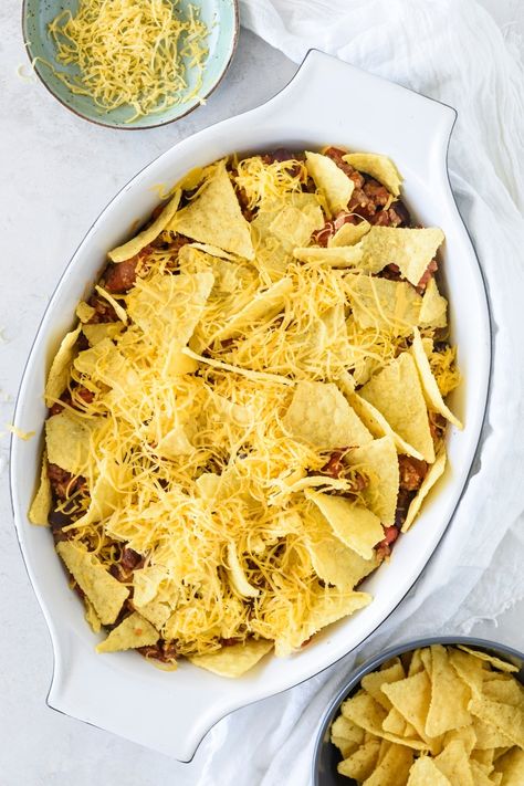 Taco Casserole With Tortillas Chips, Mexican Casserole With Chips, Recipes With Tortilla Chips, Tortilla Chip Casserole, Hamburger Crockpot Recipes, Taco Casserole With Tortillas, Ground Beef Nachos, Ground Beef Beans, Taco Casserole Bake