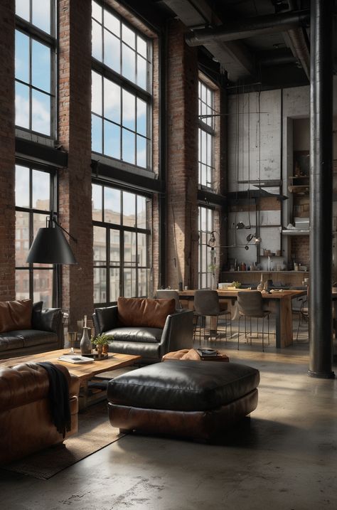 Industrial Building Exterior, Industrial Studio Apartment, Warehouse Living Room, Penthouse Aesthetic, Industrial Flat, Loft Apartment Industrial, Loft Aesthetic, Warehouse Apartment, Warehouse Living